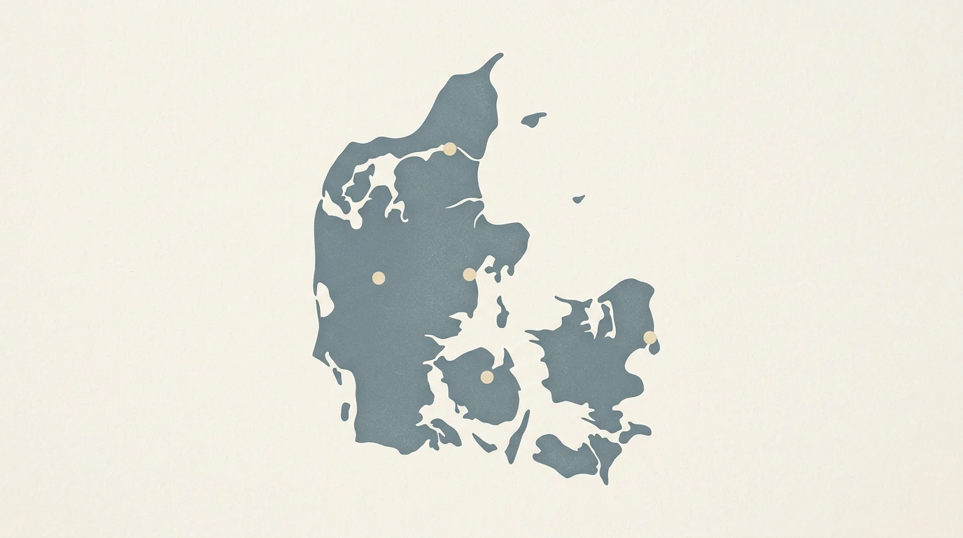 Geografisk fordeling af specialiserede behandlingstilbud for ludomani i Danmark: Odense, København, Århus, Esbjerg og Frederiksberg
