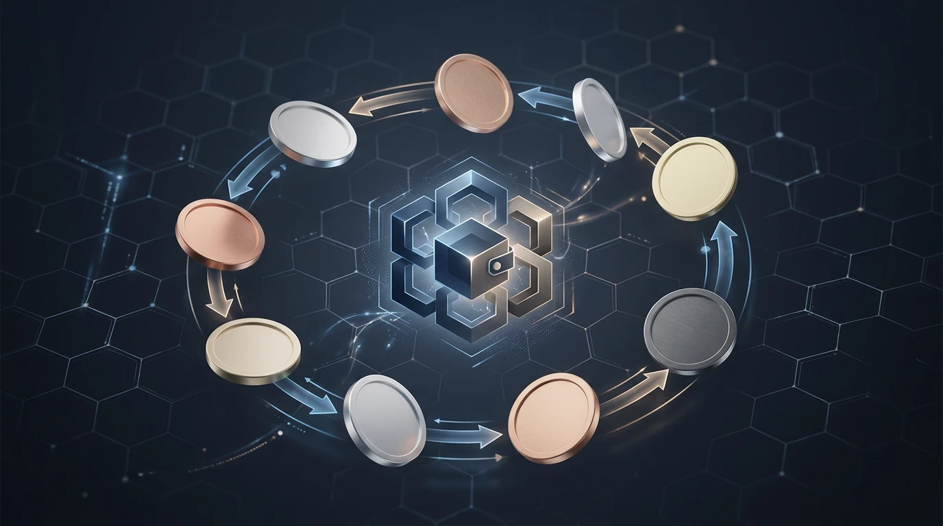 Stiliseret repraesentation af kryptobetalingsflow med flere kryptoaktiver mellem boers og casino-wallet